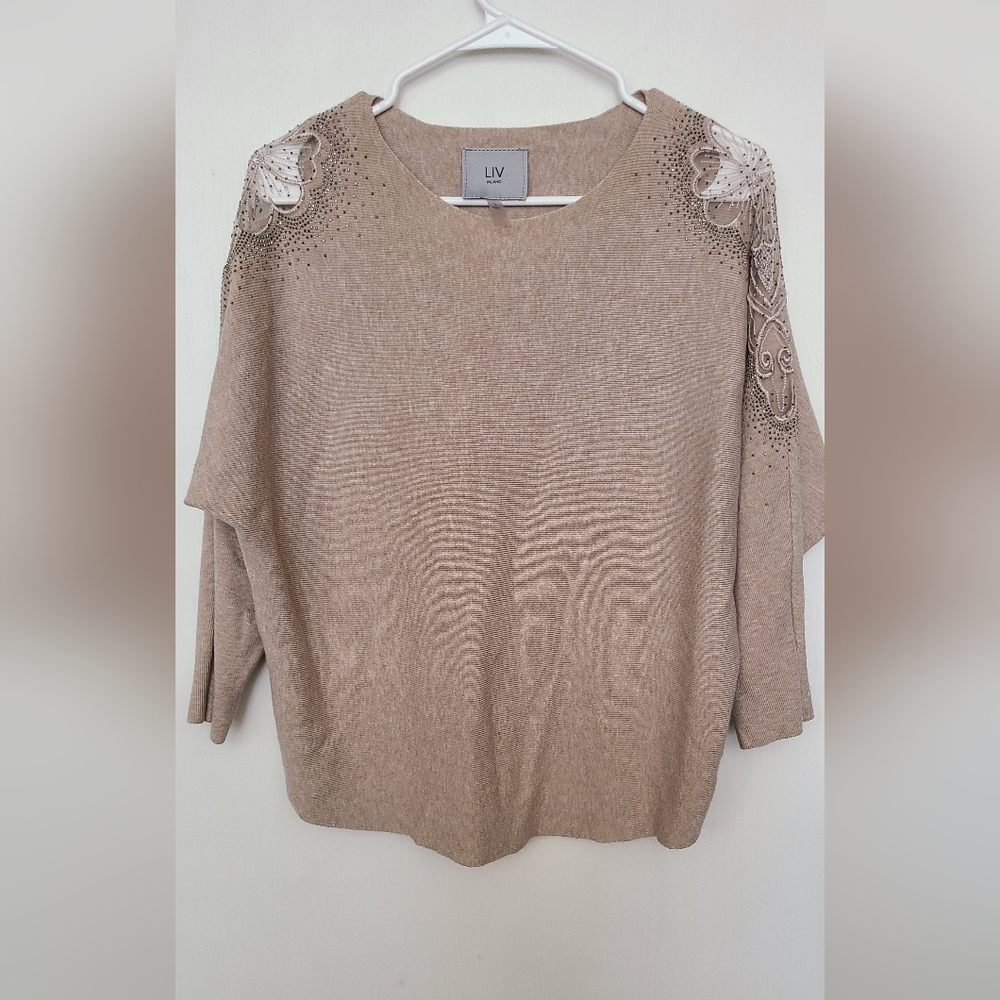 Liv Embellished Tan Sweater With Beaded Design